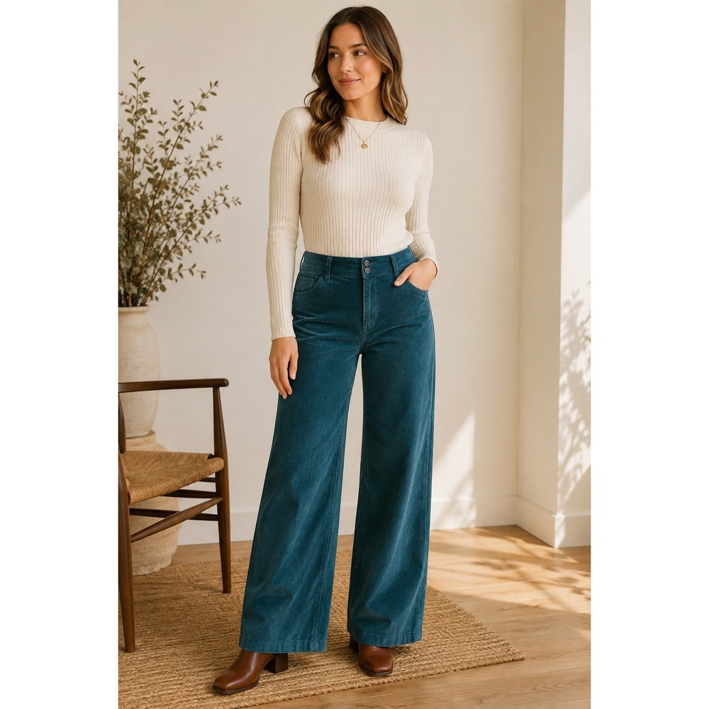 Faherty Stretch Cord Wide Leg Pants 27 Teal Green Organic Cotton Corduroy
